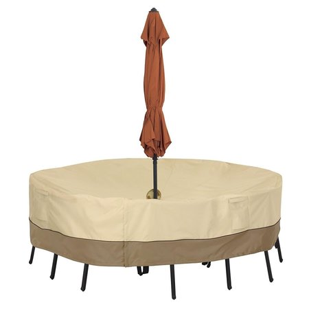 CLASSIC ACCESSORIES Round Table & Chair Set Cover With Umbrella Hole - Medium, Brown CL57478